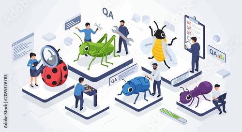 Quality assurance engineers testing software bugs represented as insects.