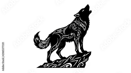 Black wolf standing on a rock.
