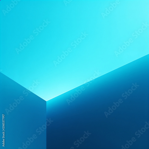 Abstract 3D geometric room corner background with glowing neon blue light and dark gradient for futuristic technology design