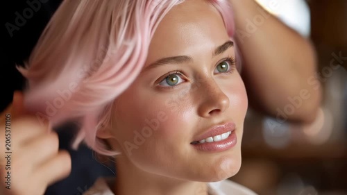 Woman getting a hairstyle in a salon during the afternoon while smiling and enjoying the process
