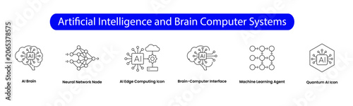 Artificial Intelligence and Brain Computer Systems. Icons included: Neural Network Node, AI Brain, Brain-Computer Interface, Machine Learning Agent, Quantum AI Icon, AI Edge Computing Icon.