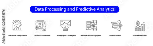 Data Processing and Predictive Analytics. Icons included: Predictive Analytics Bot, AI Data Stream, AI-Powered Chart, Holographic Data Agent, Futuristic AI Interface, Network Monitoring Agent.