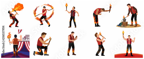 Fotografía Fire Performer and Circus Entertainer Set with Fire Breather and Torches Illustr