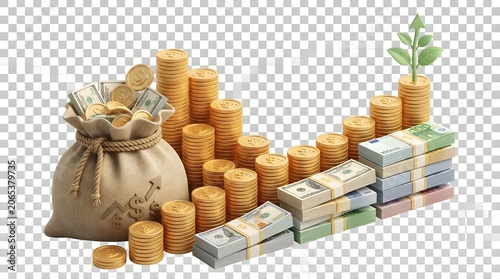 3D illustration of a money bag with gold coins and cash stacks representing financial growth and investment success on transparent background