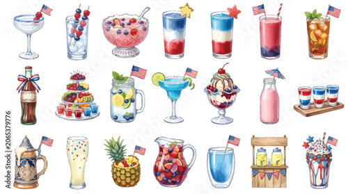 Patriotic 4th of July drinks watercolor set, 21 American flag beverage icons, red white and blue summer cocktails and mocktails for Independence Day
