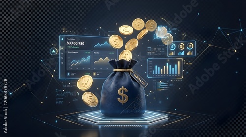 Futuristic Digital Banking and Wealth Management Concept Featuring a Money Sack with Golden Coins and Financial Data Analytics Charts