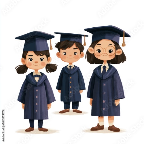 Graduation Day Smiles: Three cheerful children in graduation caps and gowns stand together, ready to embark on their next adventure. A sweet depiction of academic achievement and youthful innocence.