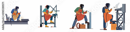 Foto Set of flat illustrations depicting professional welders in protective gear working with metal and sparks in an industrial workshop environment