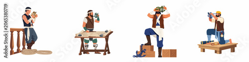 Cuadro en lienzo Collection of flat vector illustrations of medieval sailors and pirates using navigational tools like sextants and maps for maritime exploration