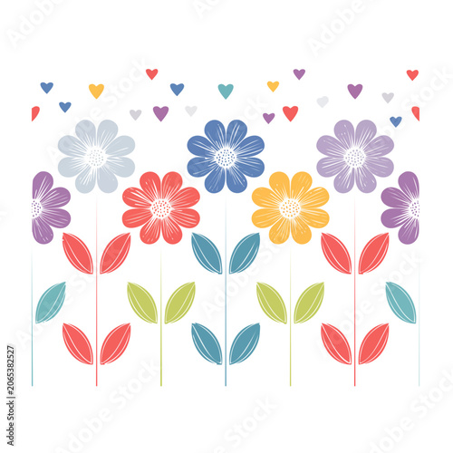 Colorful flat design flowers and hearts illustration