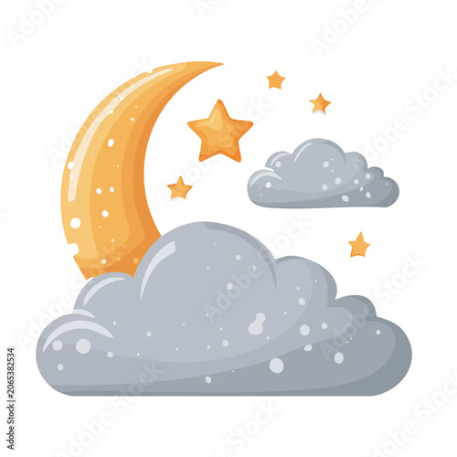 Crescent Moon and Clouds with Stars Illustration