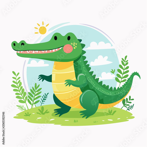 Cute Cartoon Alligator Smiling in a Sunny Landscape