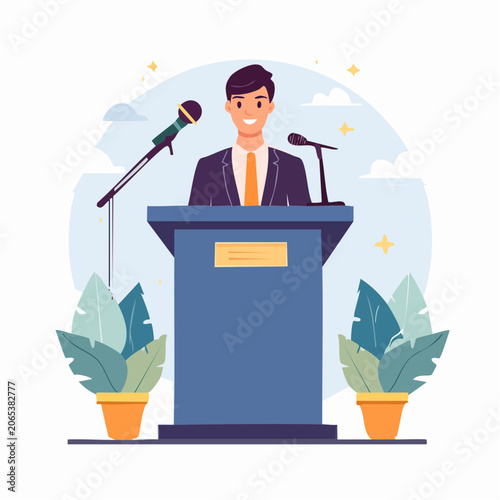 Man Speaking at a Podium with Microphones