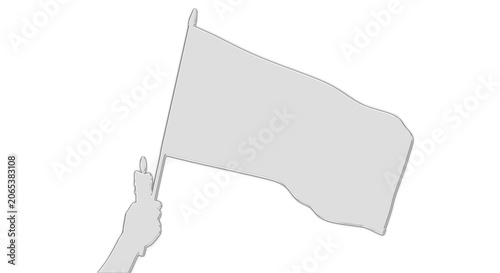A hand holds a waving flag with a simple design on transparent background