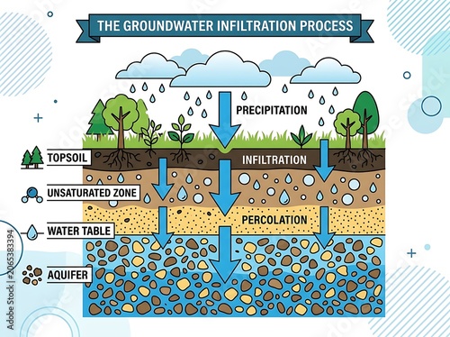 Groundwater infiltration process diagram illustrating hydrogeological layers with water table unsaturated zone groundwater infiltration hydrogeology percolation environment hydrographic