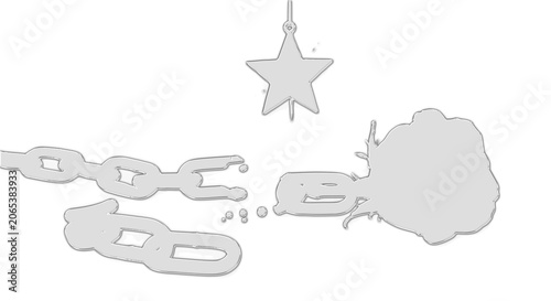 A star hangs above broken chain links on a transparent surface with smoke.
