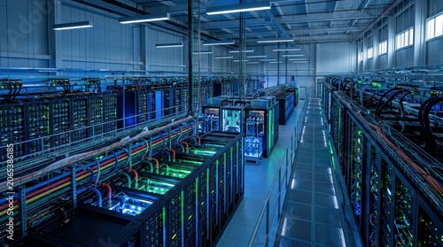 Modern high-tech data center server room featuring rows of liquid cooling systems, glowing LED lights