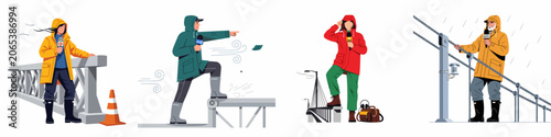 Фотография Illustrations of news reporters and meteorologists reporting live in extreme weather conditions like heavy rain and strong winds wearing waterproof raincoats and boots