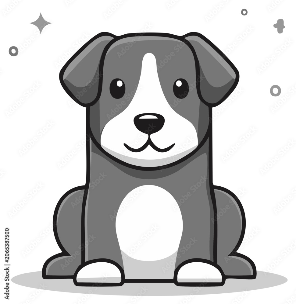 Fototapeta premium Cute cartoon dog sitting, smiling, monochrome illustration.