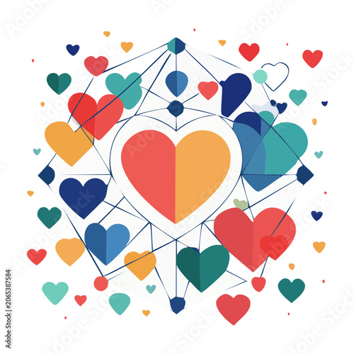 Abstract geometric heart pattern with colorful hearts