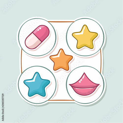 Cute Cartoon Icons: Pill, Stars, and Lips