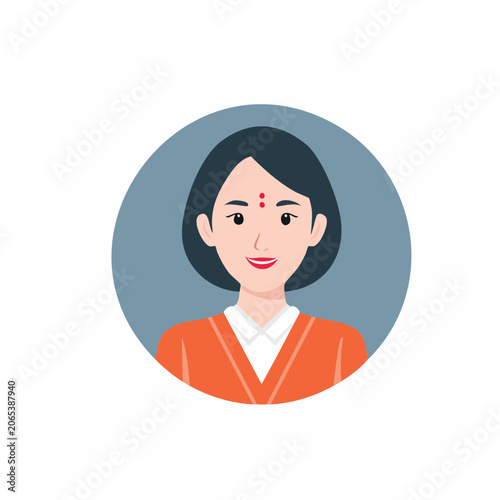 Flat design illustration of a smiling woman in traditional clothing