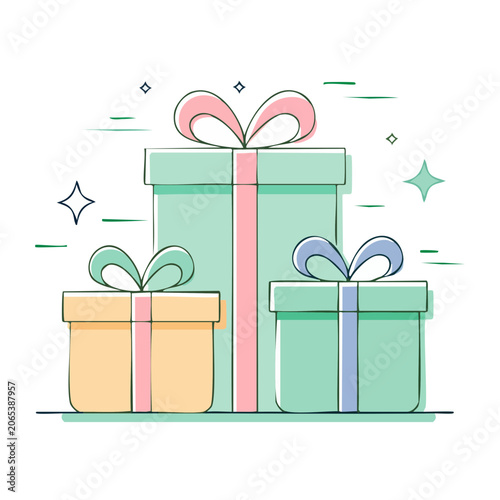 Flat design illustration of stacked gift boxes with ribbons