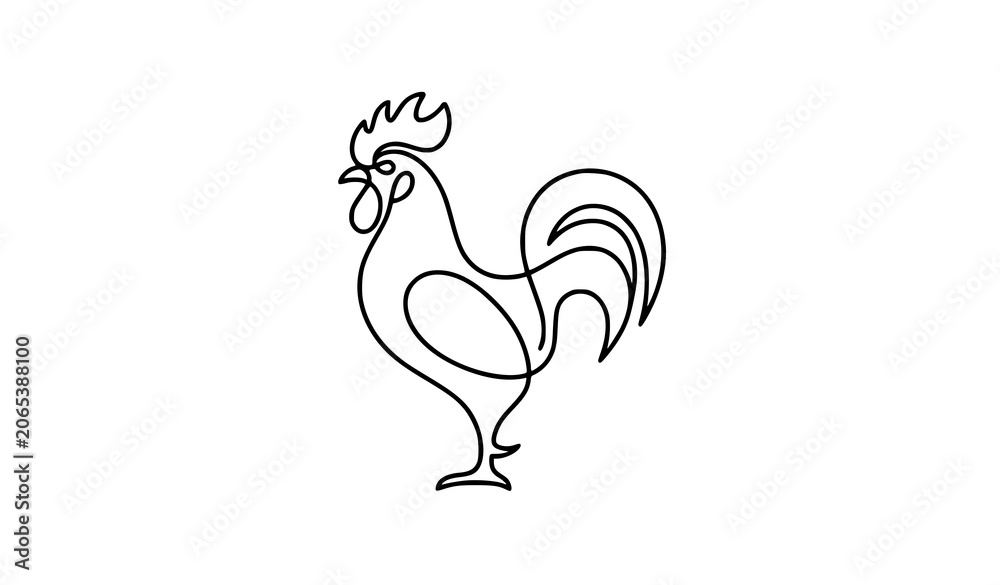 Fototapeta premium Continuous One Line Drawing of Rooster Silhouette Symbolizing Farm Fresh Organic Food Agriculture Morning Sunrise and Lunar New Year for Mascot Logo Designs