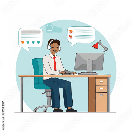 Man working at a desk with a headset and computer