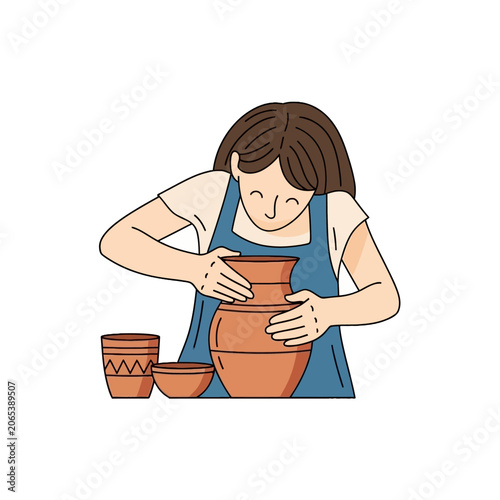 Woman working on clay pottery piece.