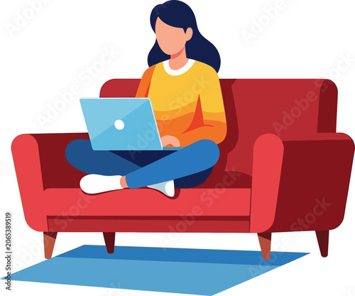 Woman working on laptop on couch, remote work, vector illustration.