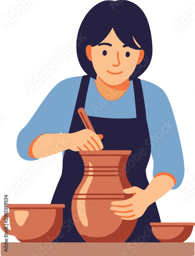Woman working with clay pottery.