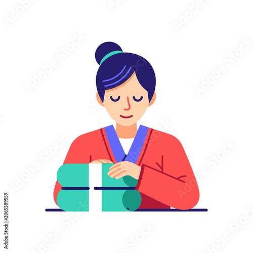 Woman Wrapping a Green Gift Box.