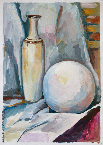 The gouache still life in shades of white. Tall light-colored vessel and a voluminous white ball