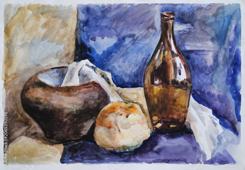 A watercolor still life study with a cast-iron pot, a bottle, and bread.