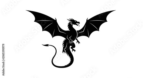Fotografi Black Dragon Silhouette with Wings Spread - Fantasy Creature