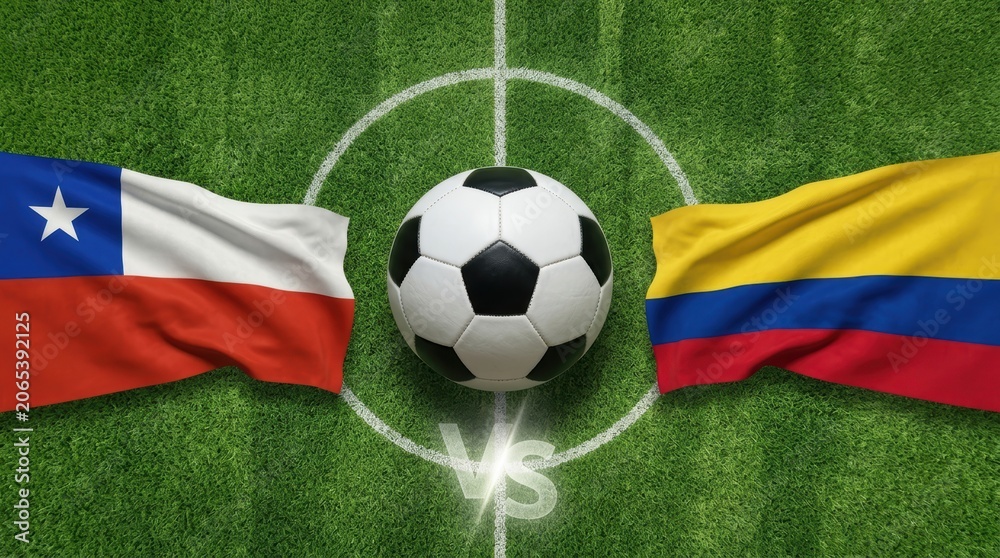 Fototapeta premium Soccer ball on green grass field with Chile and Colombia flags on either side representing international football match between the two national teams perfect