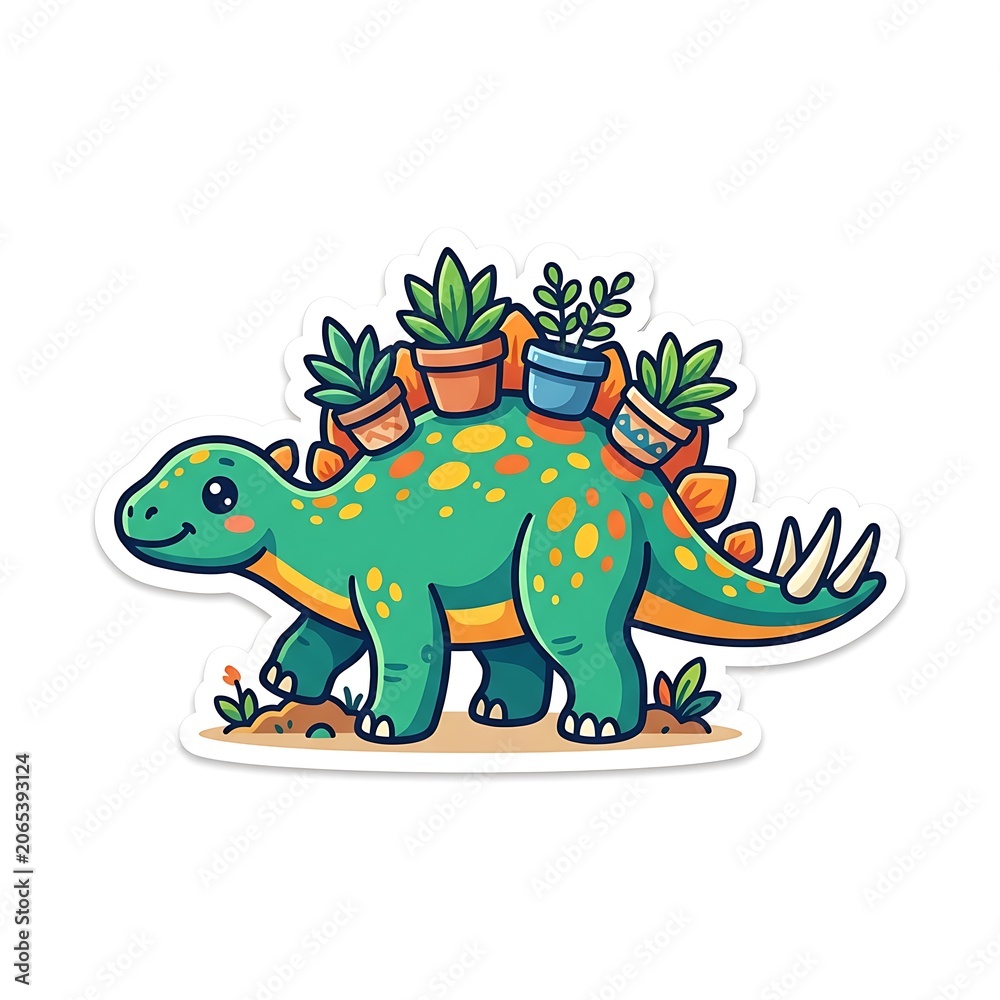 Fototapeta premium Cute Cartoon Stegosaurus Dinosaur Sticker with Potted Plants