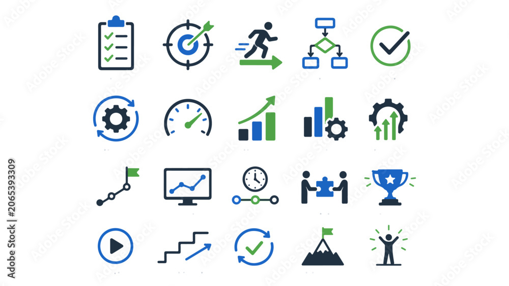 Fototapeta premium Business Productivity Icon Set - 20 Flat Color Vector Checklist Growth Chart Flowchart Teamwork Goal Adobe Stock