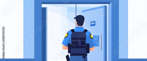 Security officer monitoring building entrance in professional setting with surveillance equipment