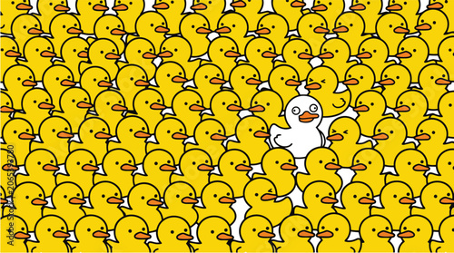 Quadro su tela A white duckling stands out among a crowd of yellow rubber ducks in a playful scene