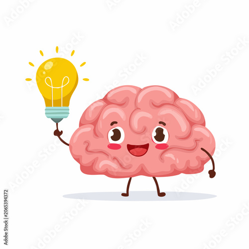Cute Cartoon Brain Character Holding a Light Bulb