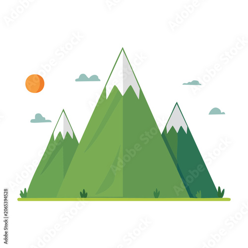 Flat Design Mountain Landscape with Sun and Clouds