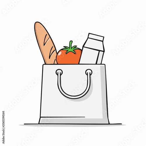 Grocery Bag with Bread, Tomato, and Milk Carton