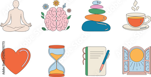 Canvas Print Mindfulness and mental health icon set featuring meditating person blooming brai