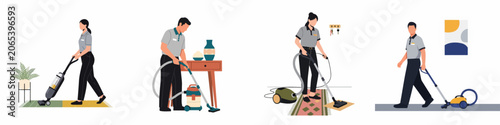 Fotografie Set of Professional Cleaning Service Personnel Using Various Vacuum Cleaners to Clean Carpets and Floors in Different Domestic Settings