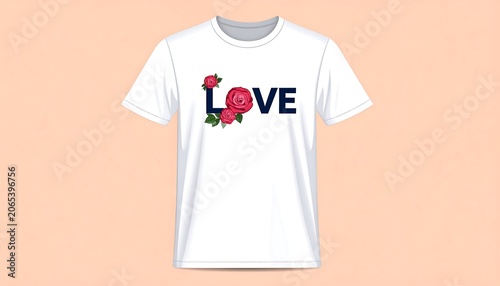 A white t-shirt with a red rose and navy blue text on peach background