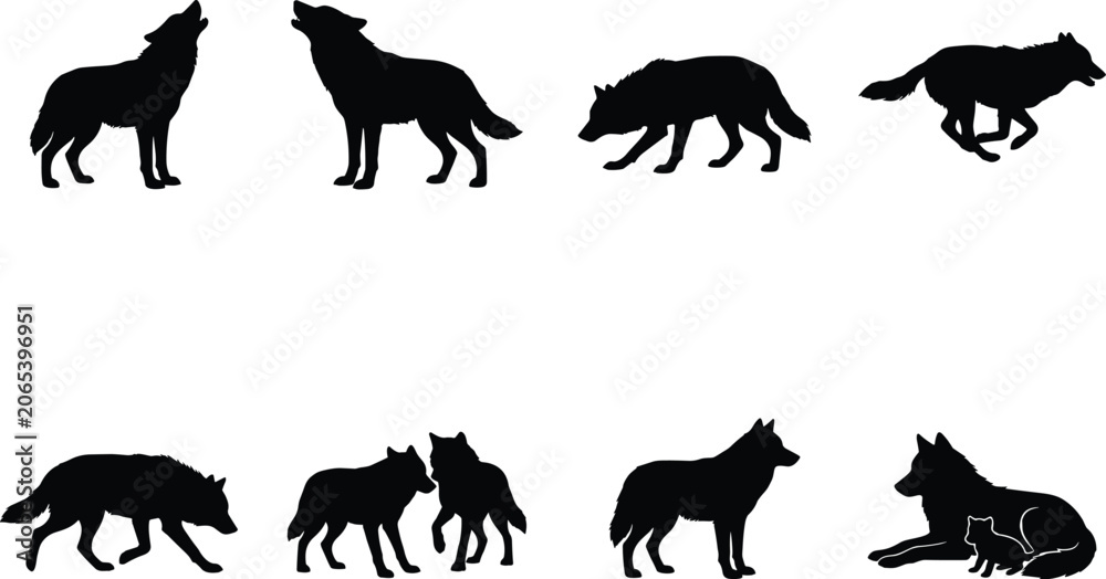 Fototapeta premium Wolf Silhouette Collection Featuring Howling Running Standing and Wildlife Behavior Poses