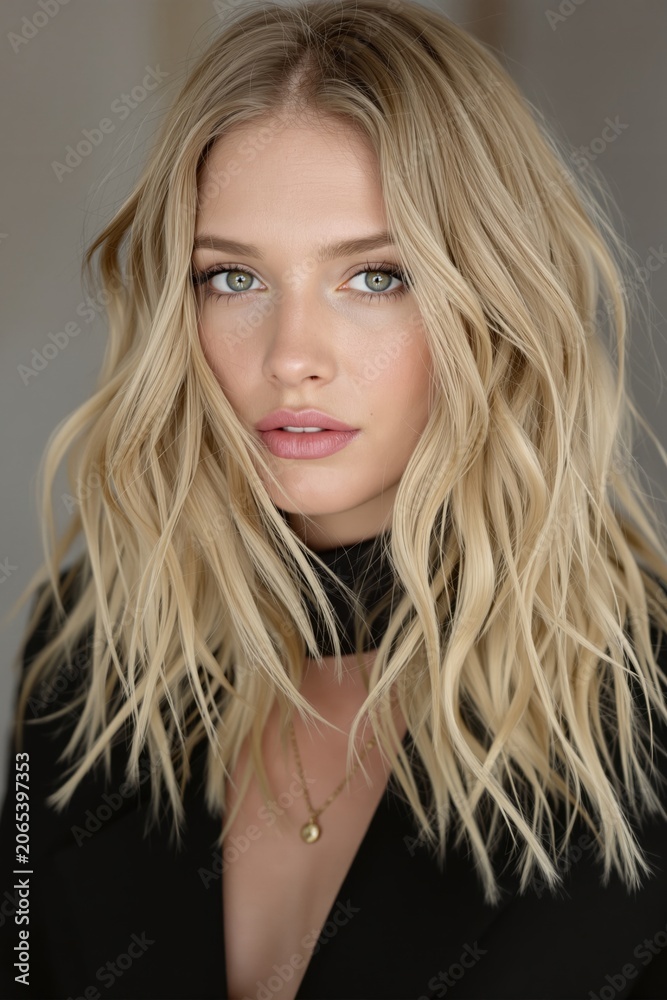 Naklejka premium Warm golden honey blonde tousled hair portrait of Scandinavian woman