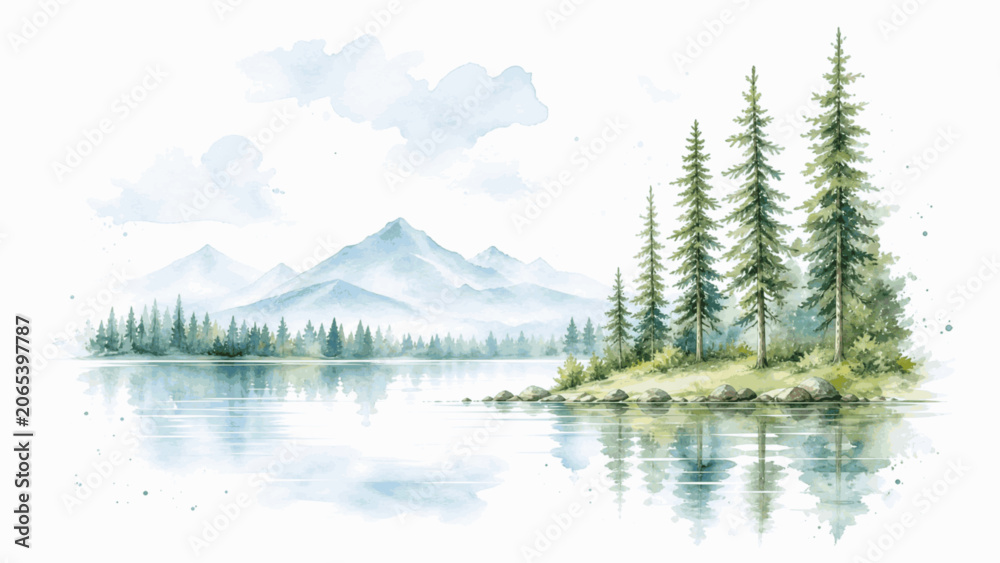 Fototapeta premium Clear Water Mountain Lake isolated watercolor vector illustration svg